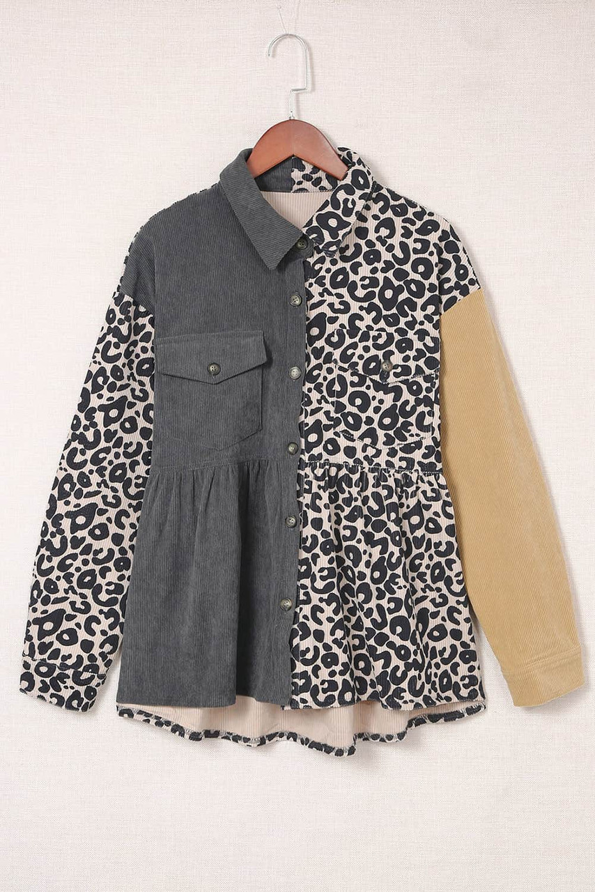 Leopard Colorblock Corduroy Shirt Jacket