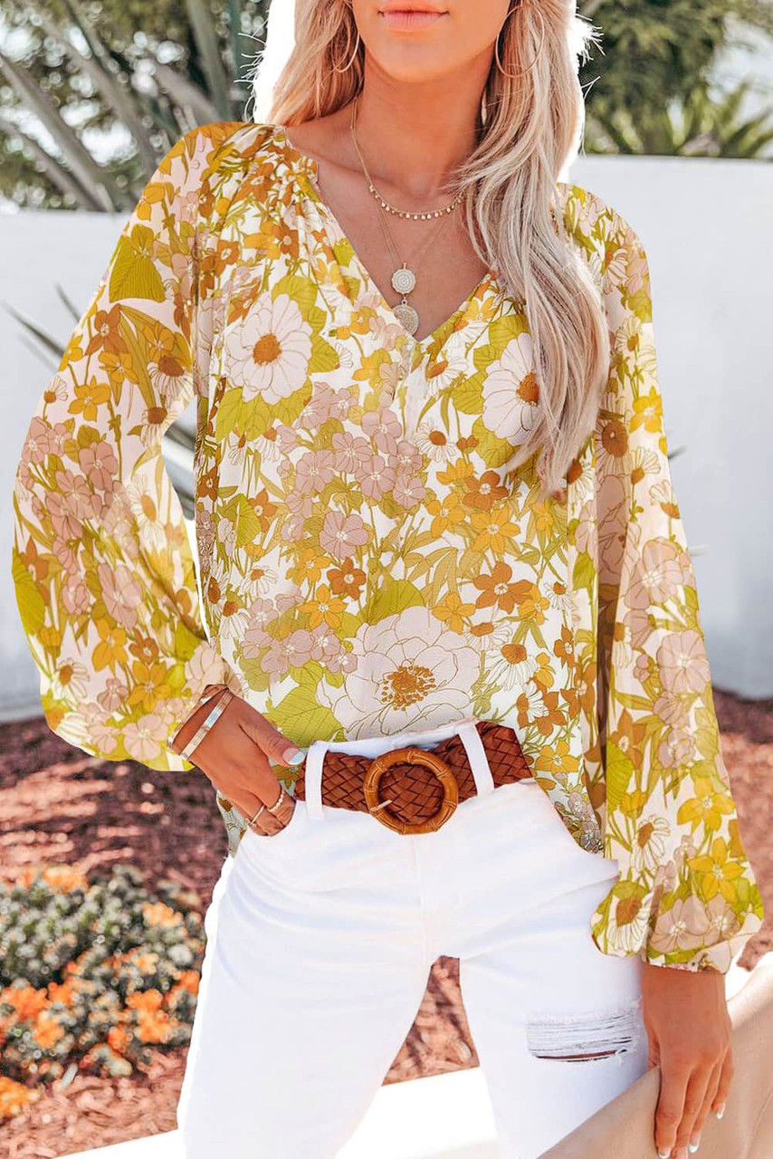 Yellow Floral Print V Neck Long Puff Sleeve Top