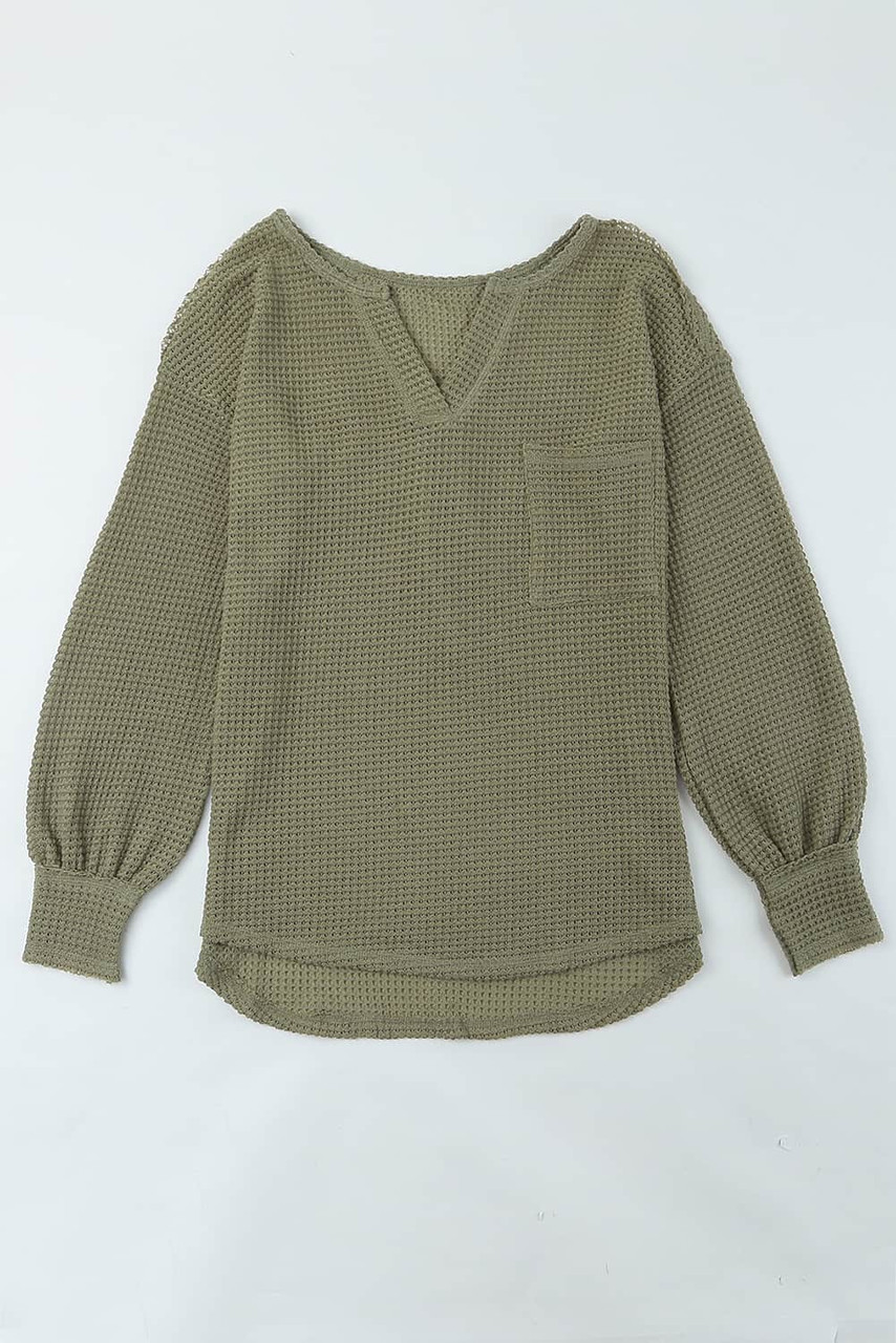 Green Waffle Knit Split Neck Pocketed Loose Top