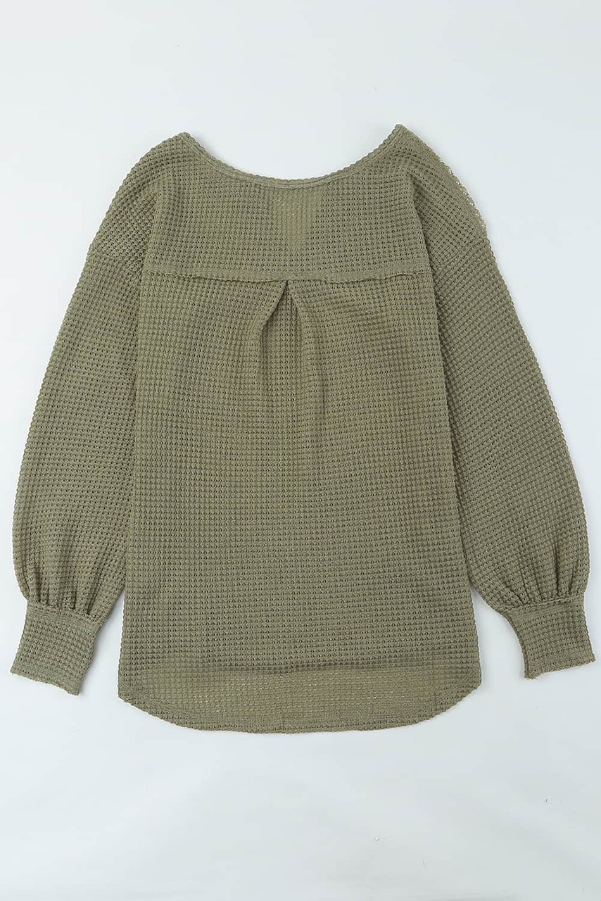 Green Waffle Knit Split Neck Pocketed Loose Top
