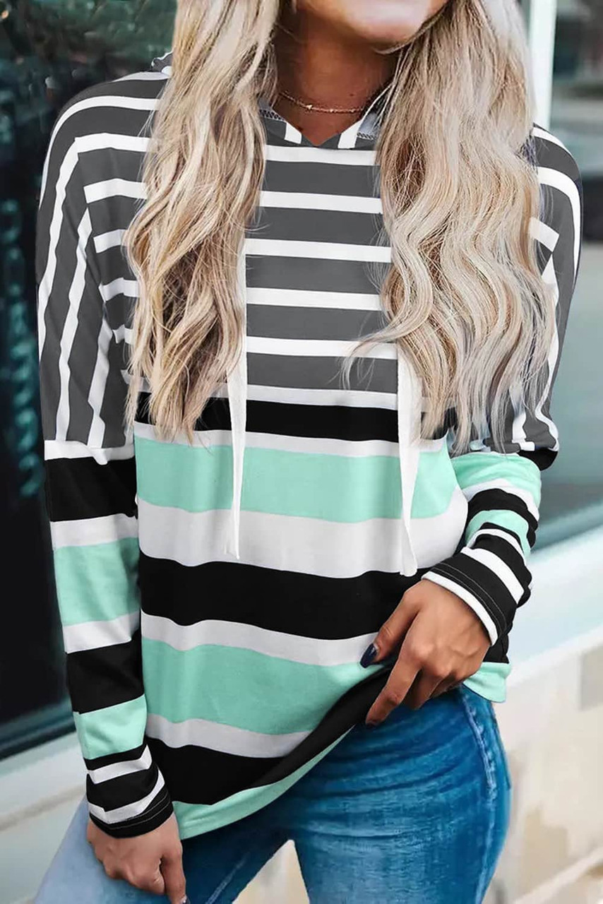 Green Striped Drawstring Long Sleeve Hoodie