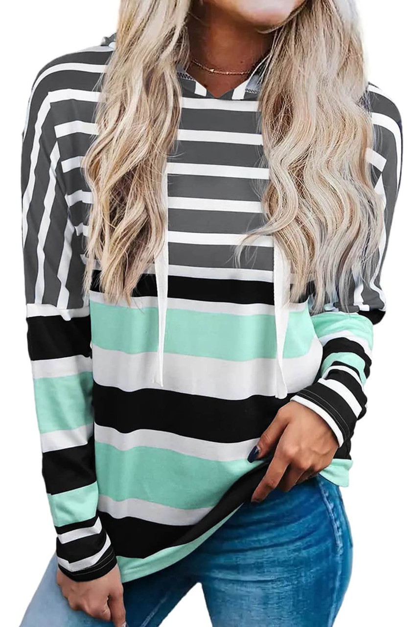 Green Striped Drawstring Long Sleeve Hoodie