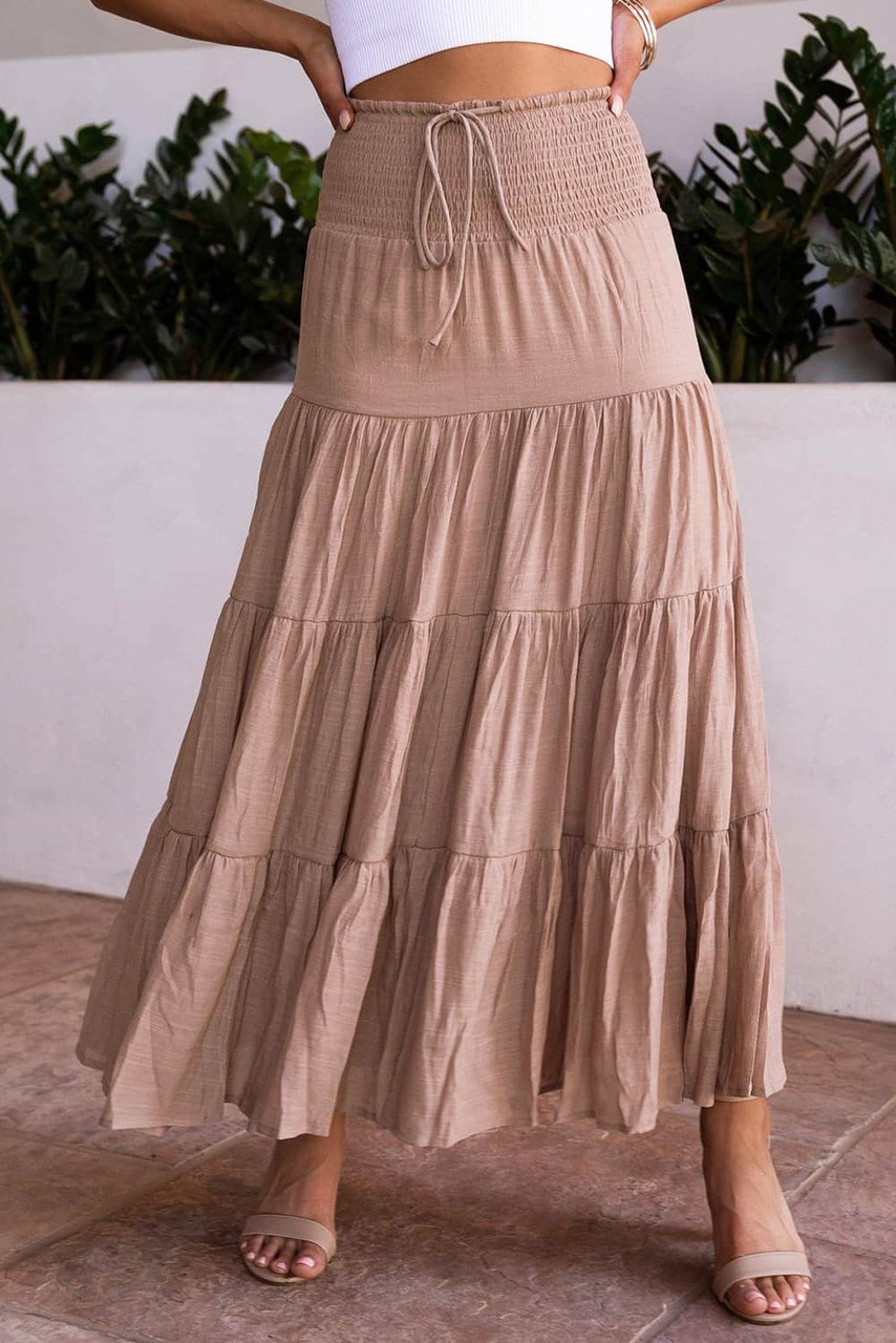 Pink Smocked High Waist Tiered Maxi Skirt | dealstunnel.com