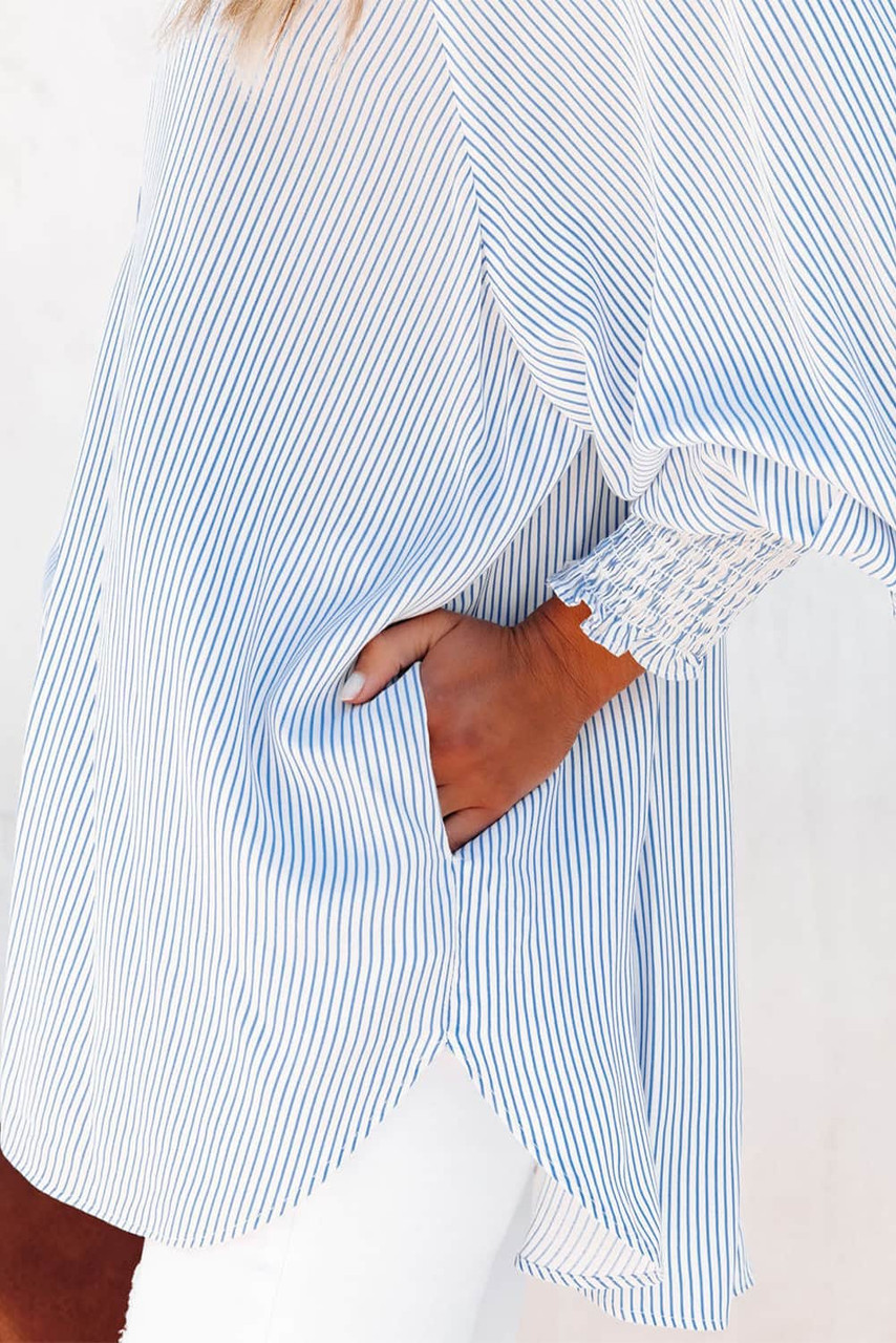 Sky Blue Smocked Cuffed Striped Boyfriend Shirt with Pocket