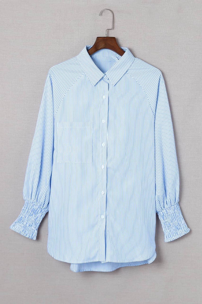 Sky Blue Smocked Cuffed Striped Boyfriend Shirt with Pocket