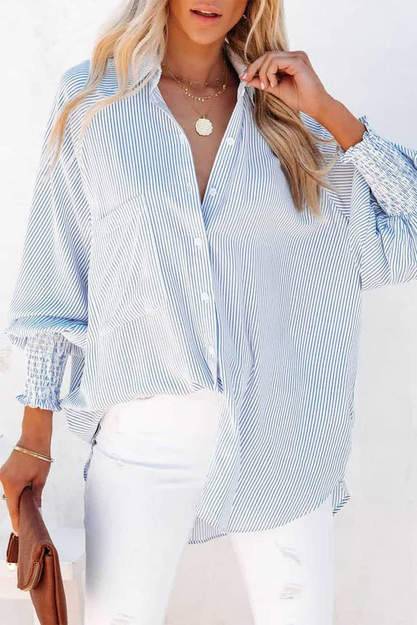 Sky Blue Smocked Cuffed Striped Boyfriend Shirt with Pocket