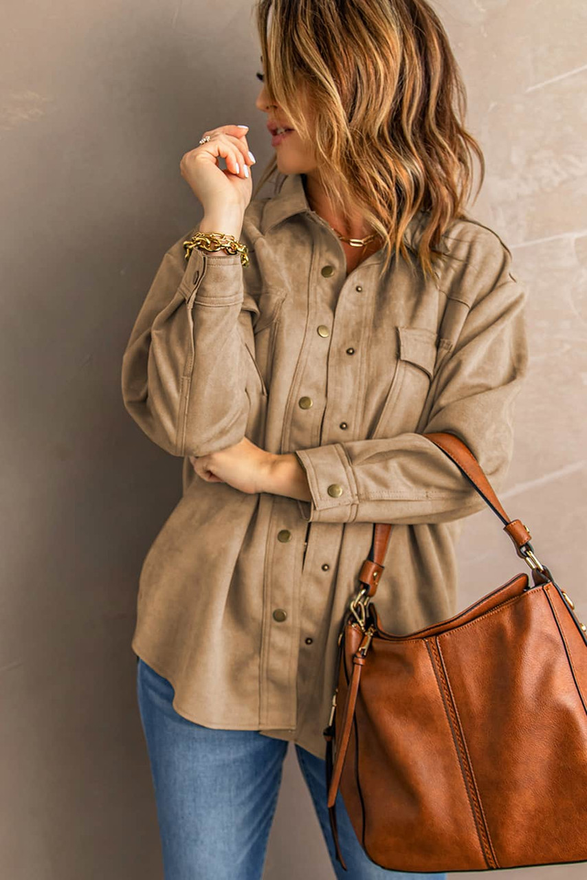 Khaki Snap Button Up Suede Jacket