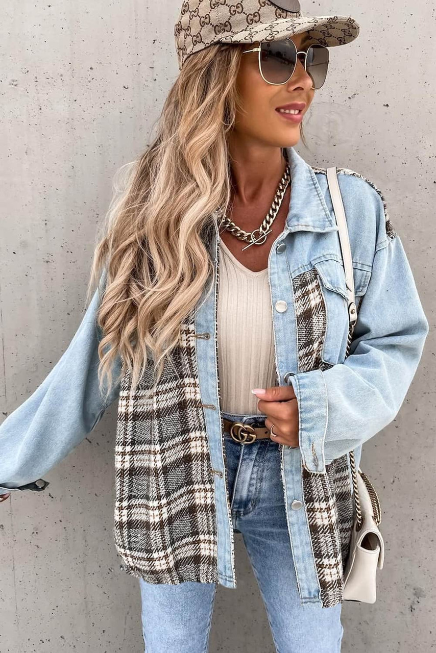 Sky Blue Plaid Patchwork Buttoned Pockets Denim Jacket