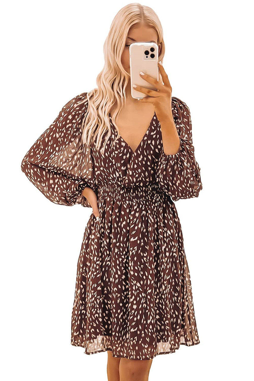 Leopard V Neck Bubble Sleeves Midi Dress