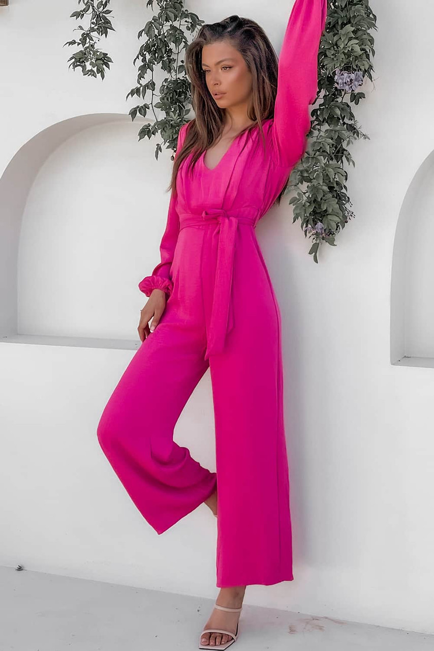 Rose Bishop Sleeve Belted Wide Leg Jumpsuit