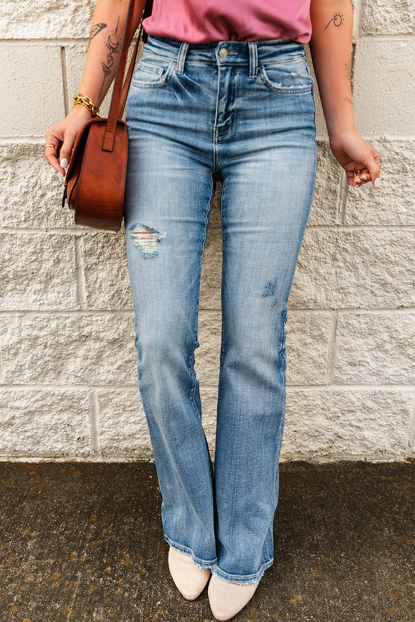 Sky Blue High Waist Raw Hem Button Ripped Flare Jeans