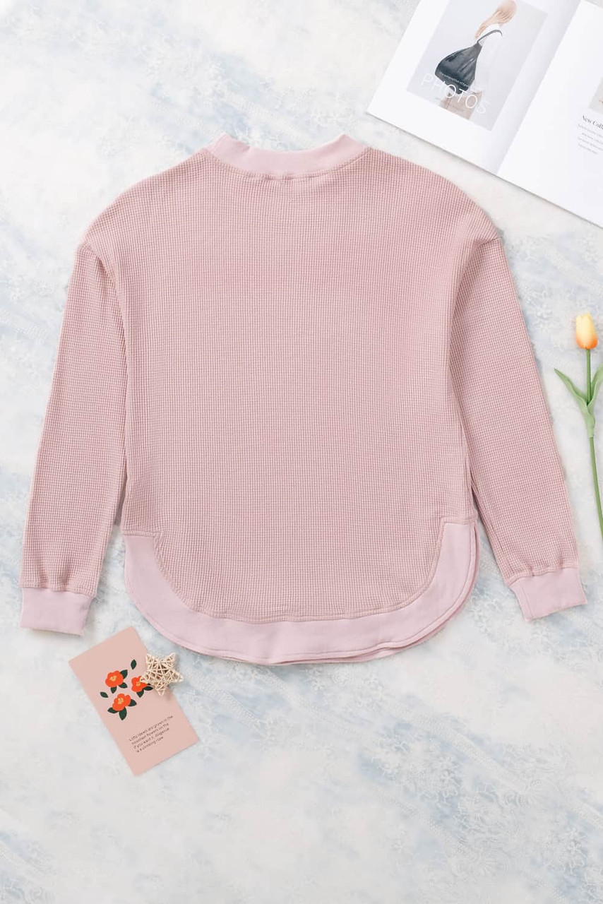 Pink Crew Neck Ribbed Trim Waffle Knit Top