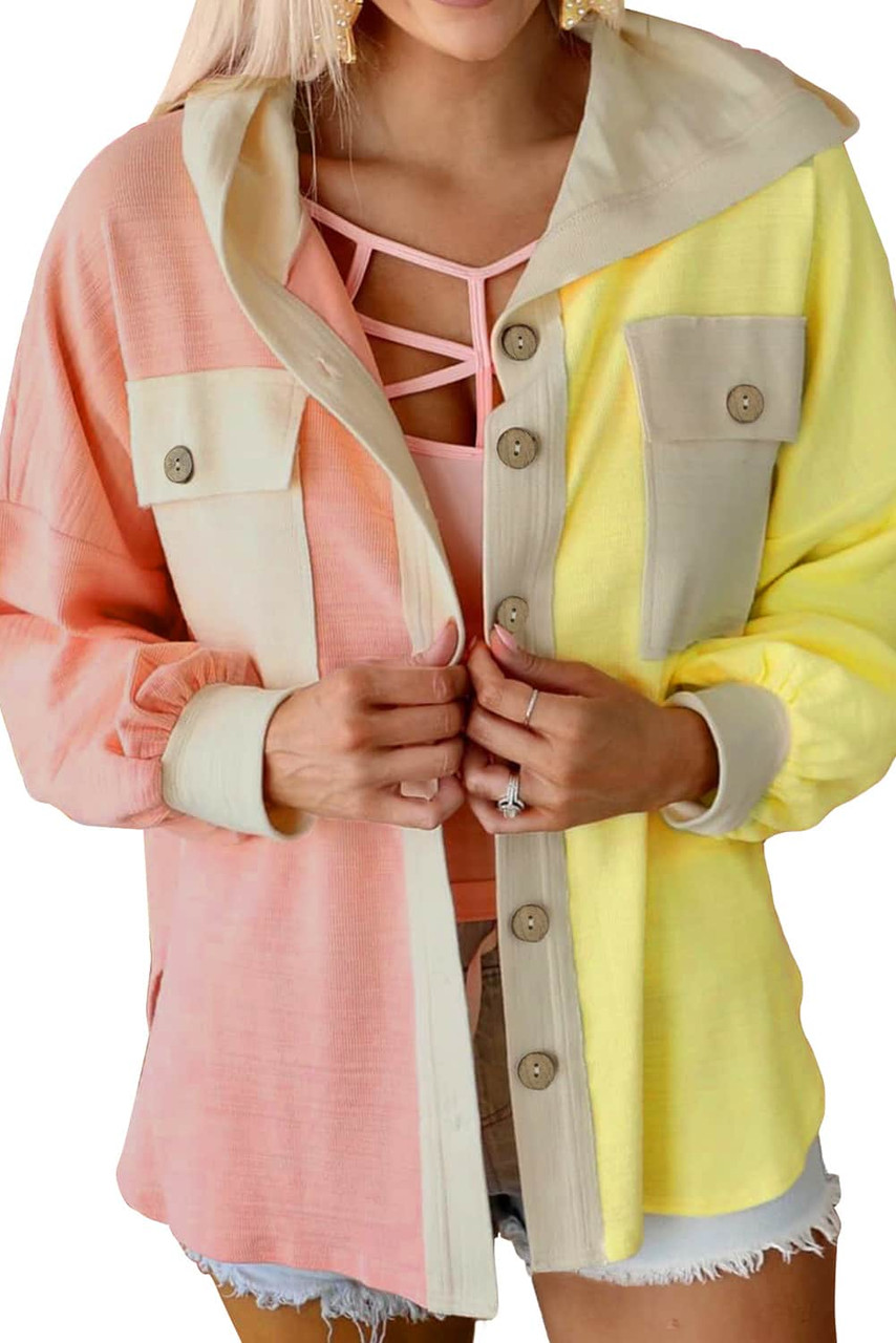 Multicolor Color Block Pocketed Button Down Shirt Jacket with Hood