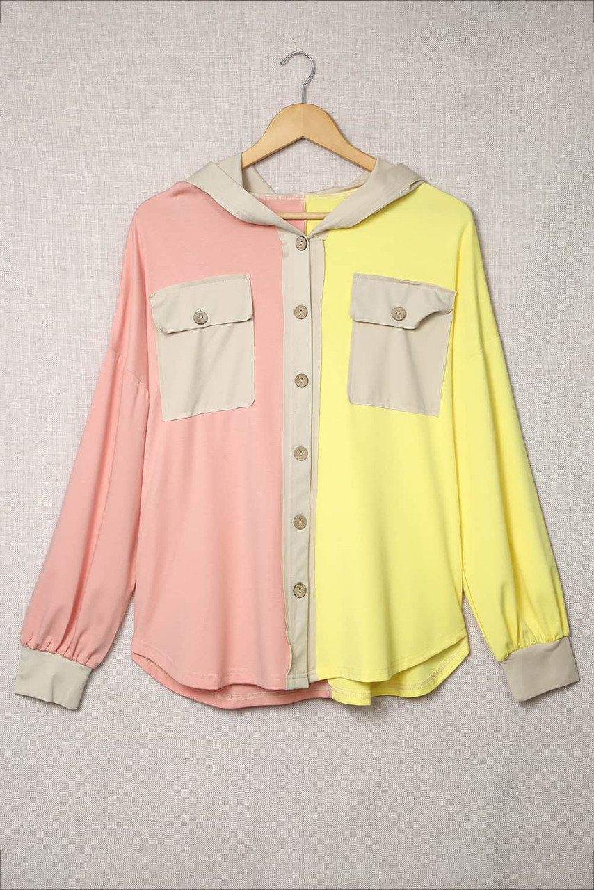 Multicolor Color Block Pocketed Button Down Shirt Jacket with Hood