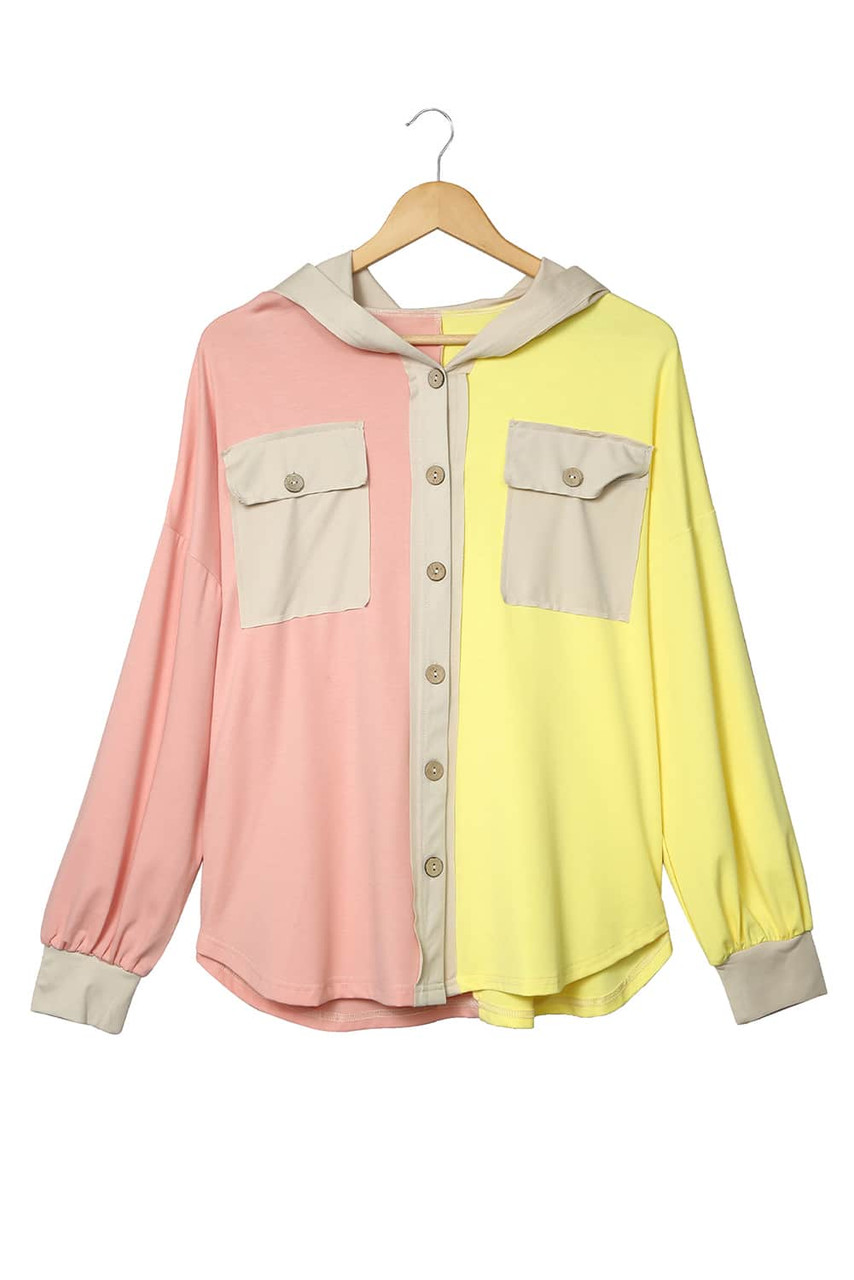 Multicolor Color Block Pocketed Button Down Shirt Jacket with Hood Multicolor Color Block Pocketed Button Down Shirt Jacket with Hood