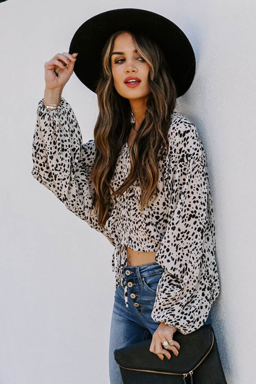 Leopard Print Drawstring Pullover Blouse