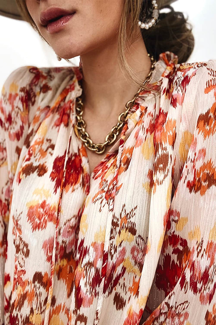 Frilled Split Neckline Abstract Floral Blouse