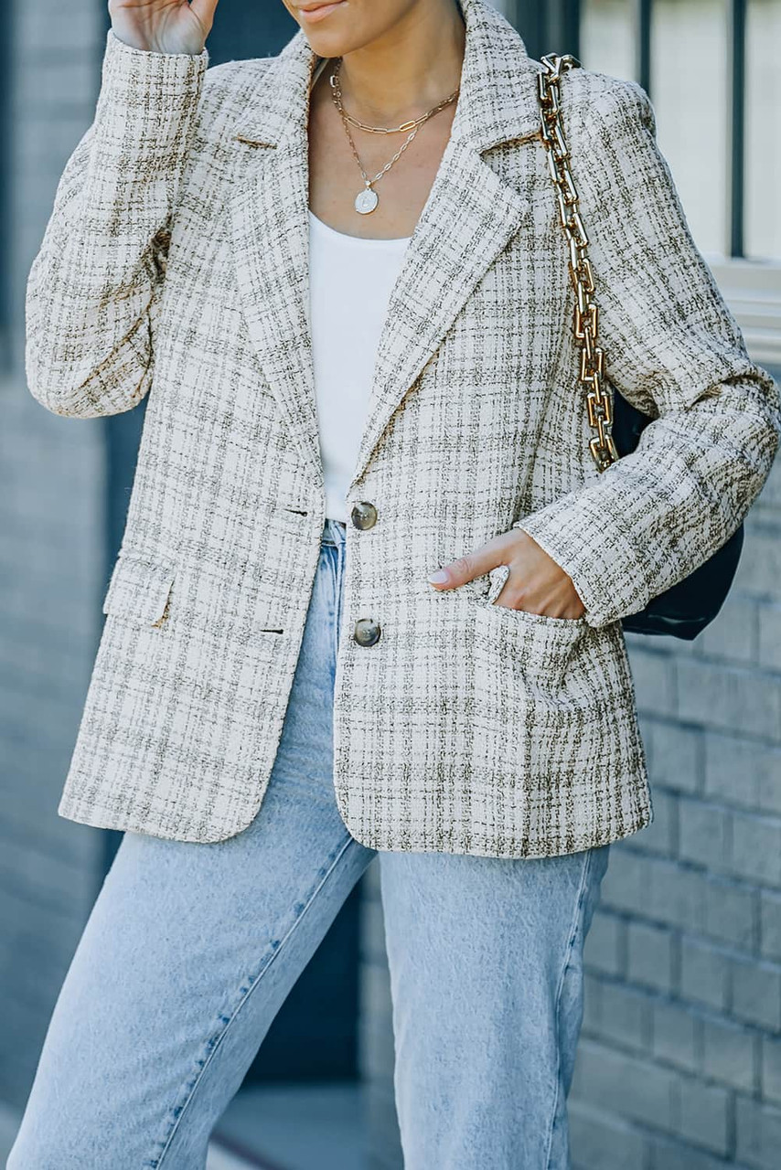 White Pockets Lapel Collar Plaid Blazer