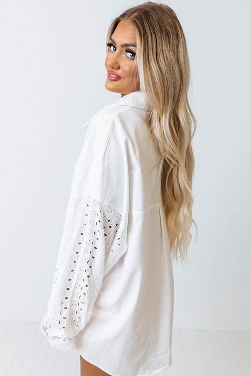 White Eyelet Detail Oversize Shirt with Chest Pockets