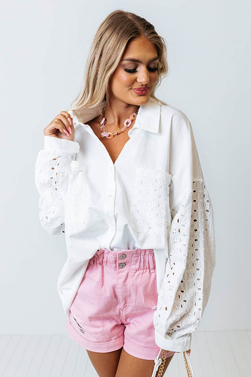 White Eyelet Detail Oversize Shirt with Chest Pockets