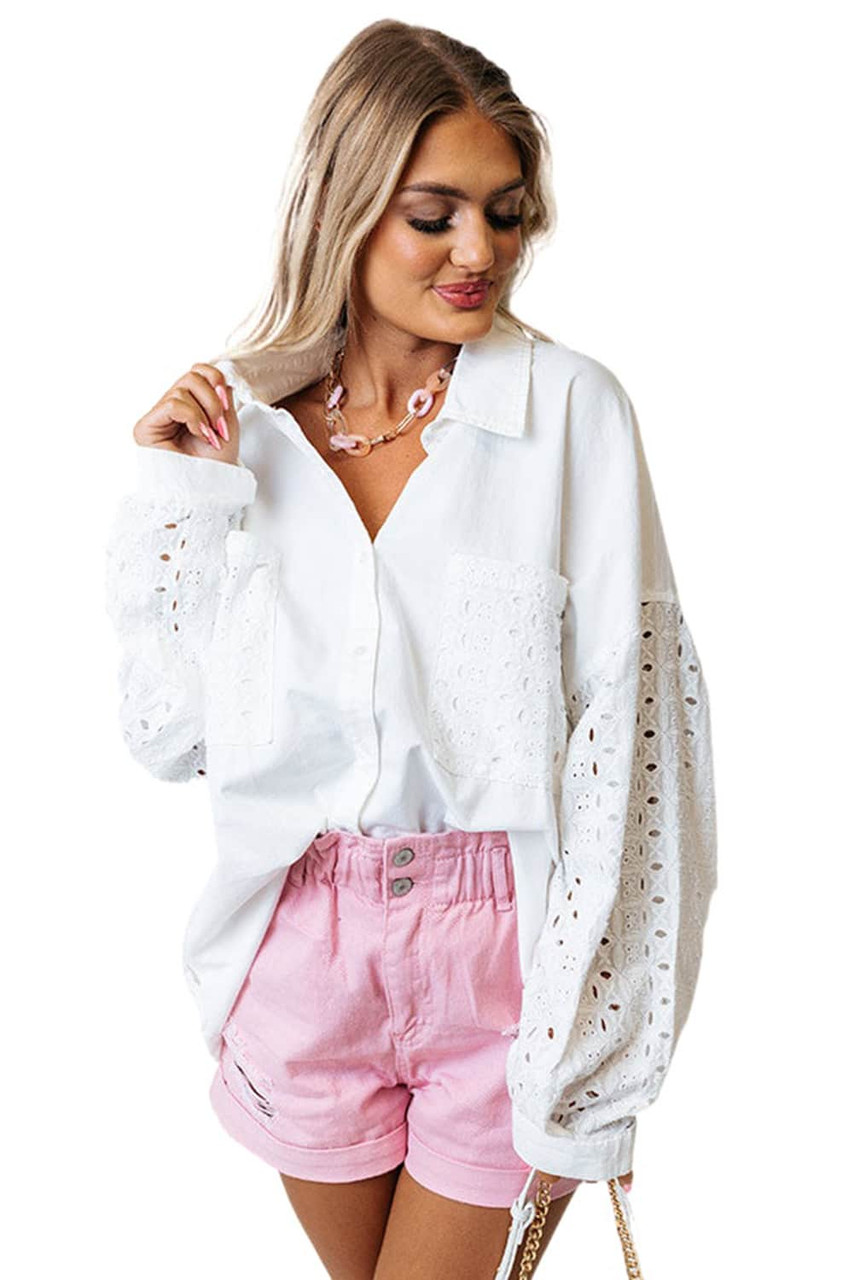 White Eyelet Detail Oversize Shirt with Chest Pockets