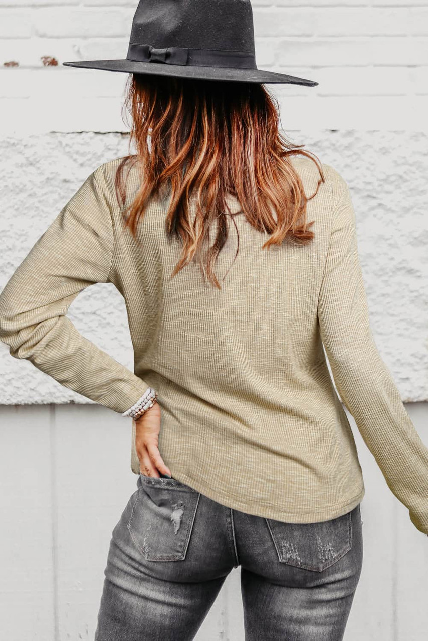 Gray Drawstring Ruched Knit Long Sleeve Top