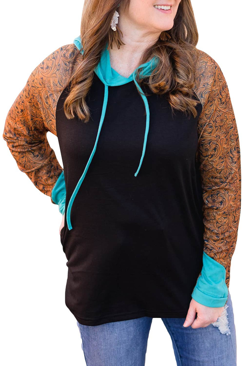 Black Western Print Color Block Plus Size Hoodie