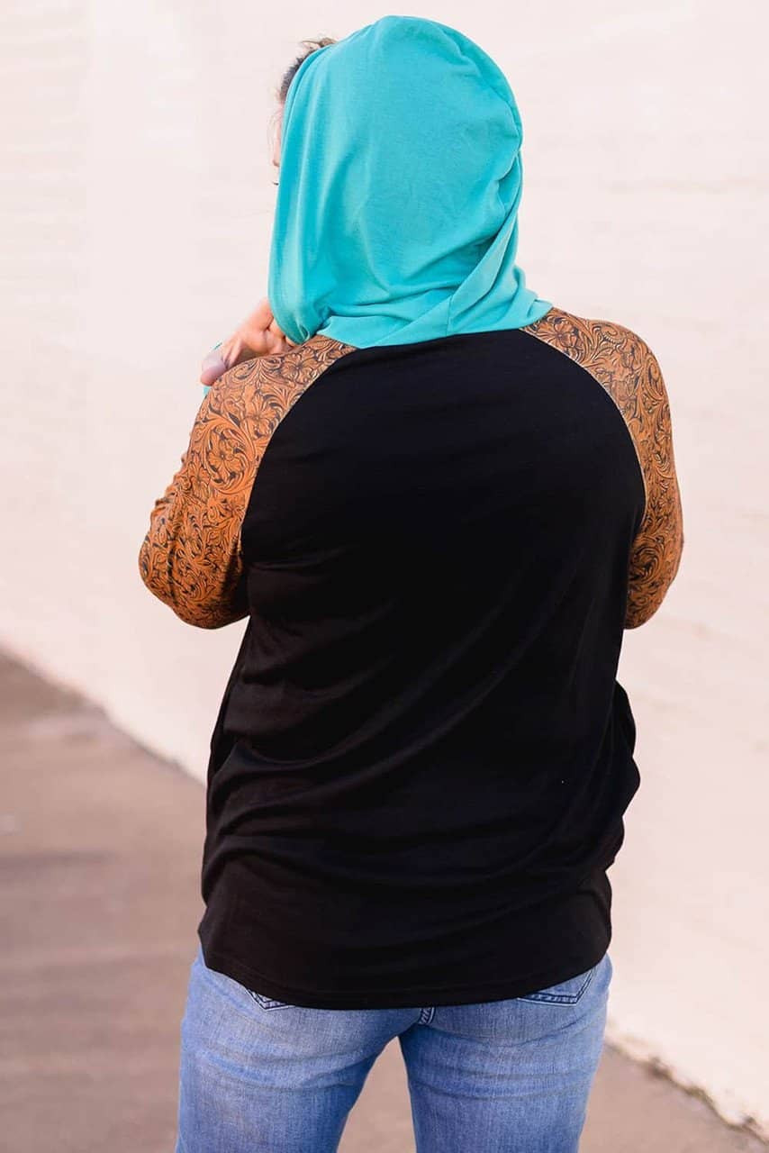 Black Western Print Color Block Plus Size Hoodie Black Western Print Color Block Plus Size Hoodie