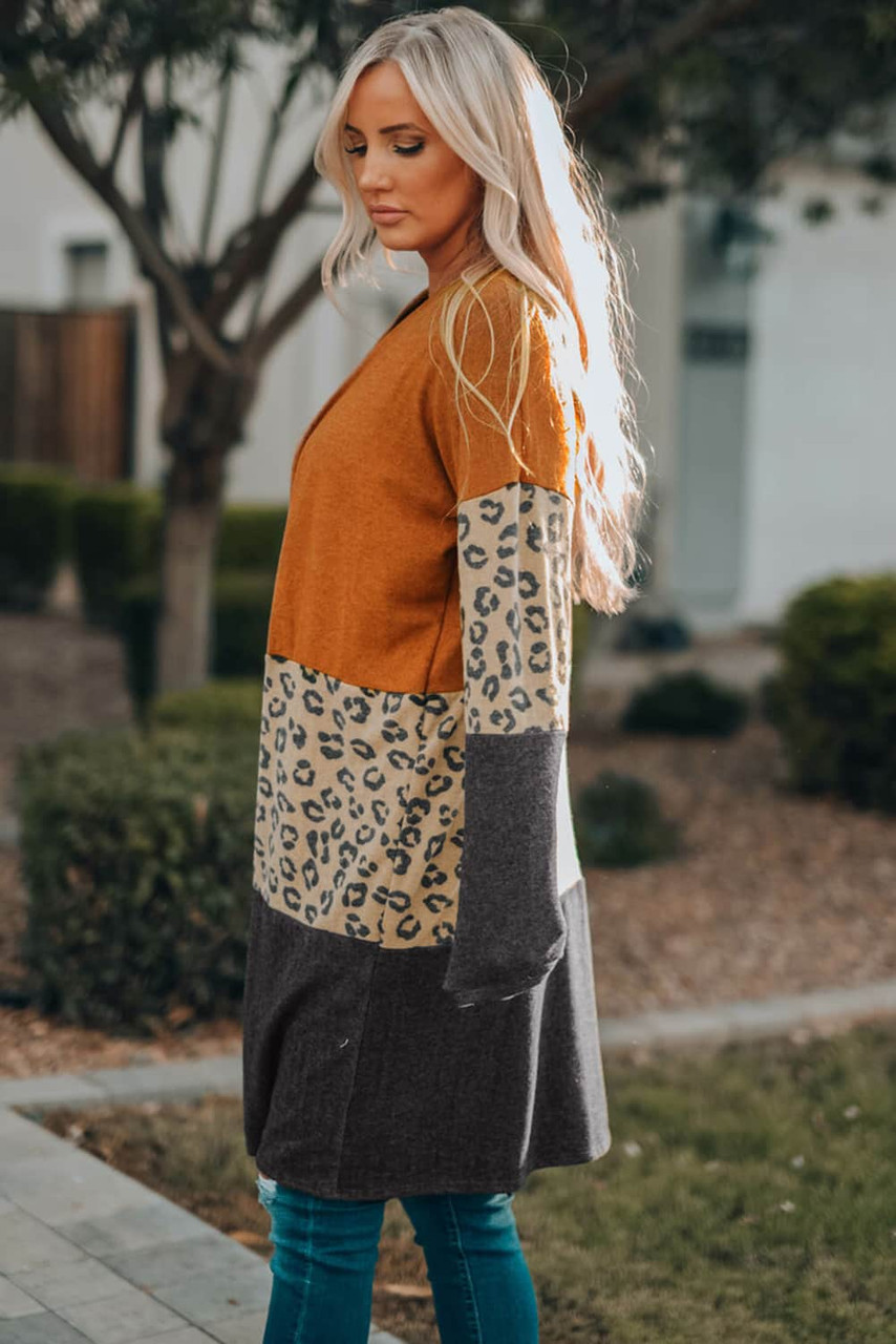 Orange Colorblock Leopard Print Patchwork Knit Cardigan