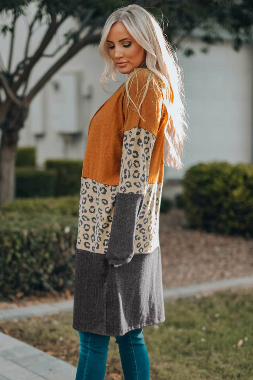 Orange Colorblock Leopard Print Patchwork Knit Cardigan | de