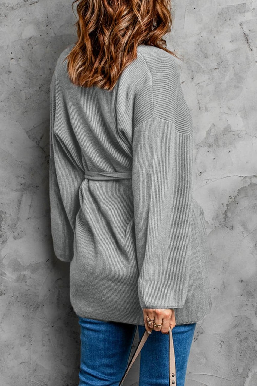 Gray Robe Style Rib Knit Pocketed Cardigan with Belt