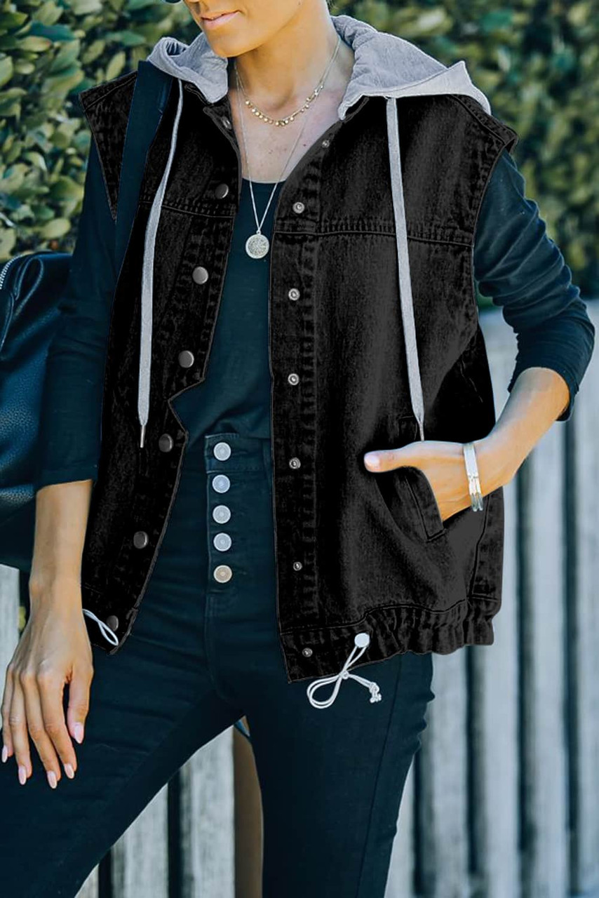 Black Solid Color Hooded Denim Vest Jacket