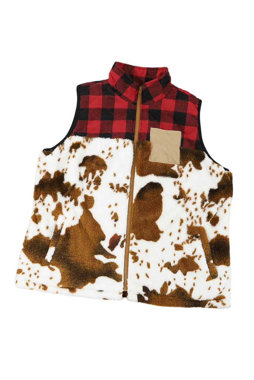Brown Cow Print Buffalo Plaid Pocket Vest Coat