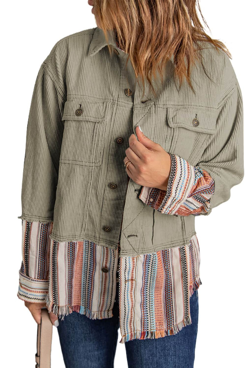 Green Button Up Pockets Striped Color Block Corduroy Jacket