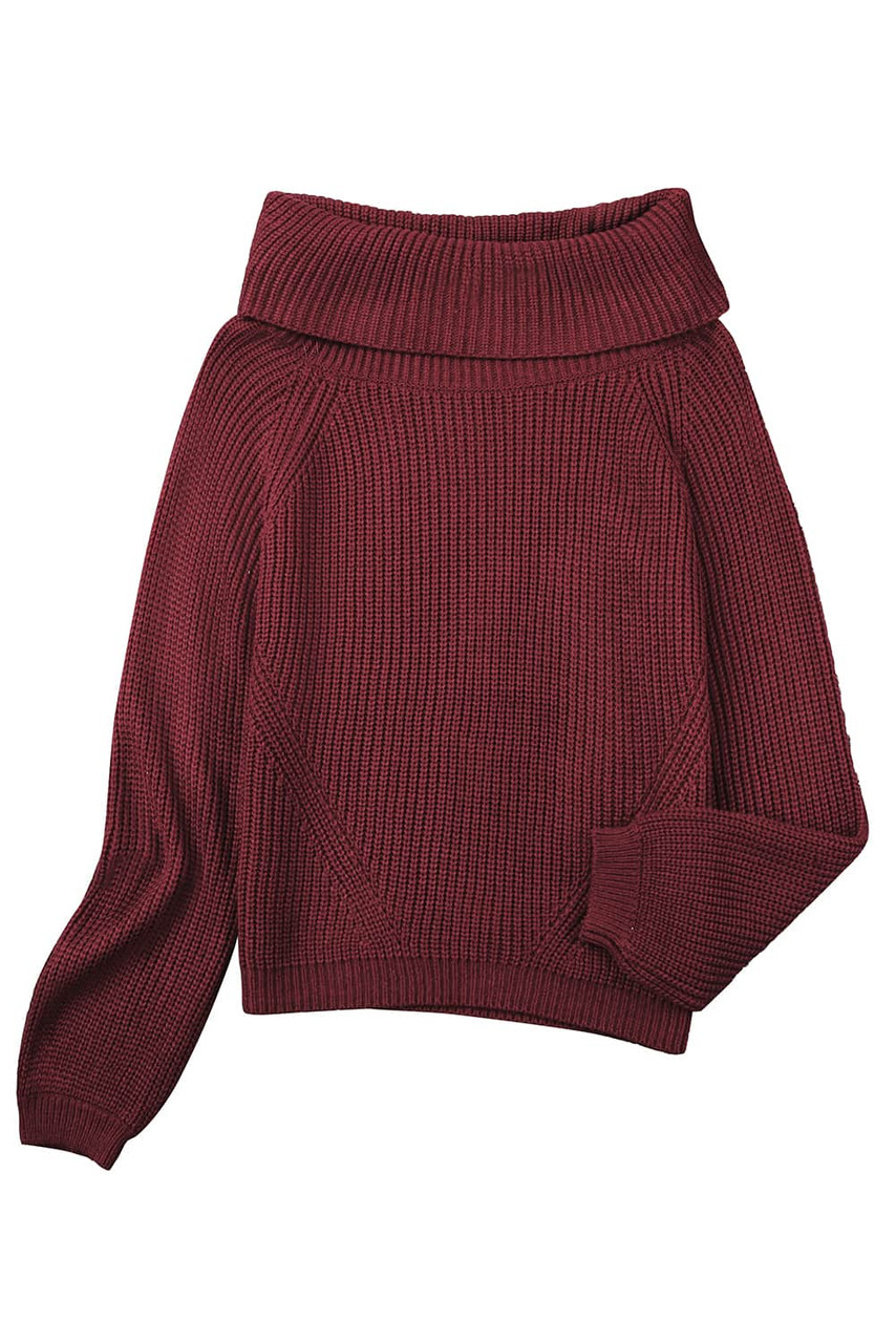 Red Ribbed Knit Foldover Off Shoulder Sweater