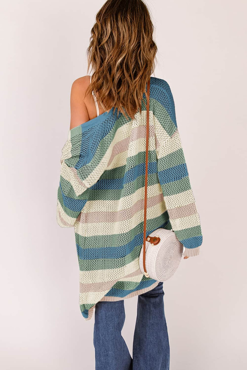 Green Striped Color Block Hollowed Knit Cardigan