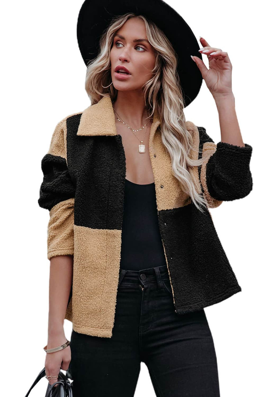 Black Colorblock Checkered Sherpa Jacket