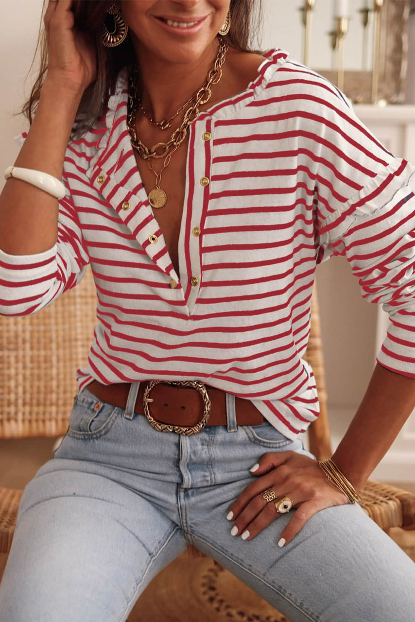 Red Striped Frill Trim Snap Button Top