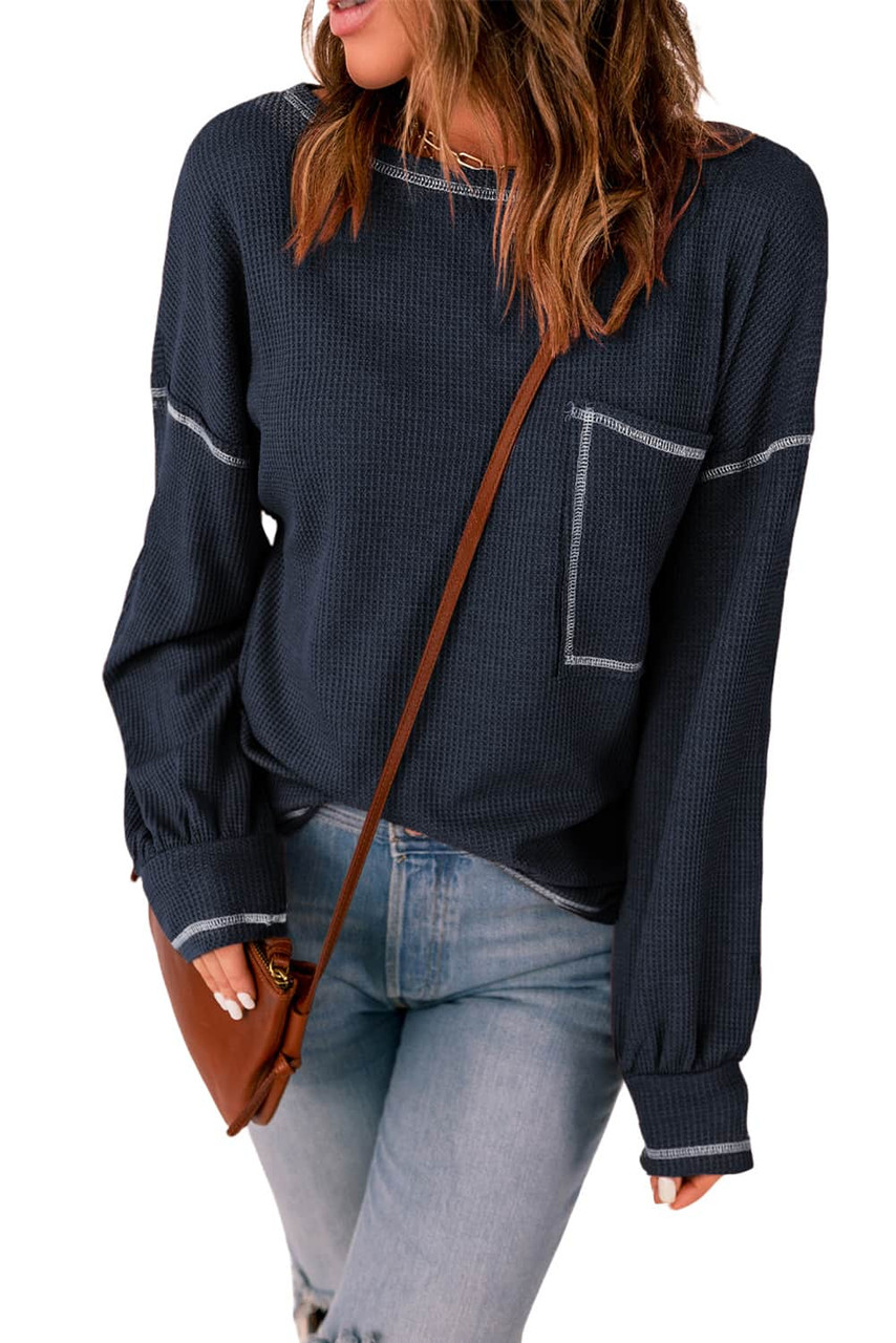 Blue Contrast Stitching Trim Waffle Knit Pullover