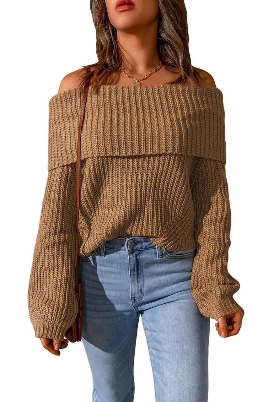 Khaki Ribbed Knit Foldover Off Shoulder Sweater Khaki Ribbed Knit Foldover Off Shoulder Sweater