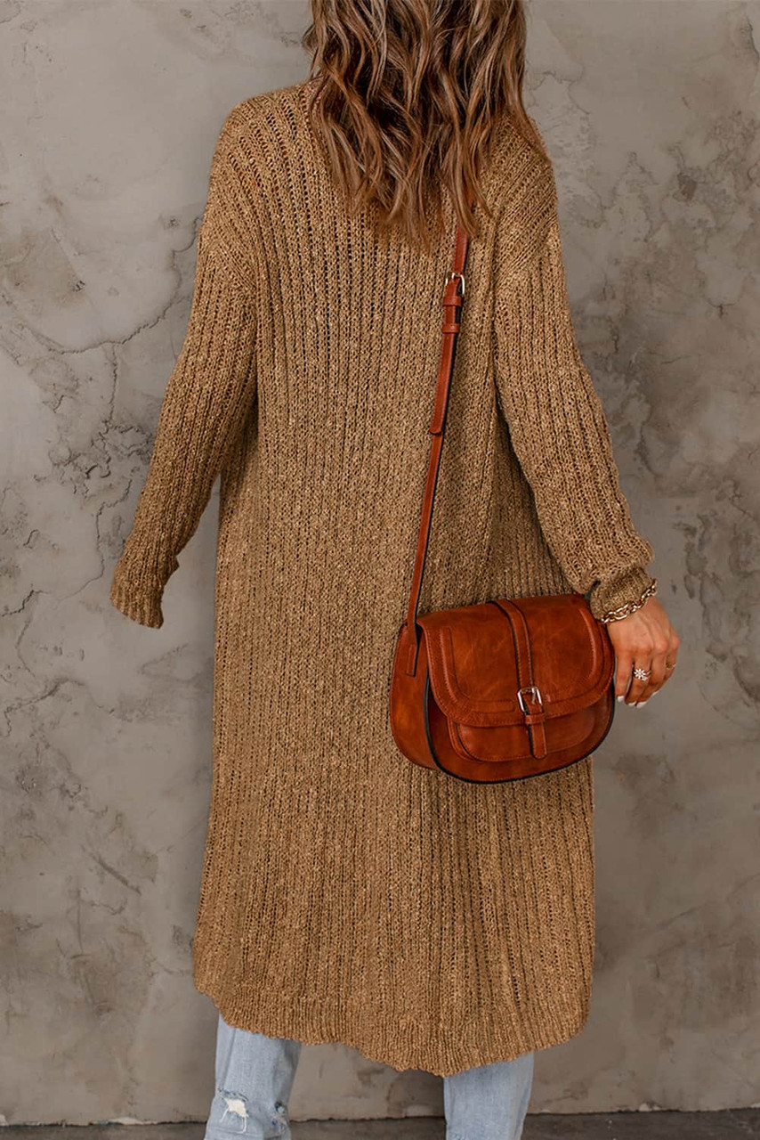 Brown Open Front Drop Shoulder Knitted Cardigan