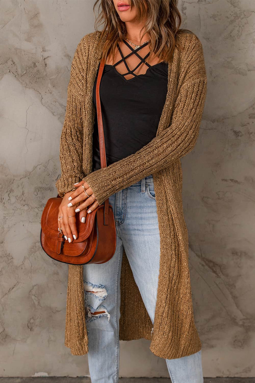 Brown Open Front Drop Shoulder Knitted Cardigan