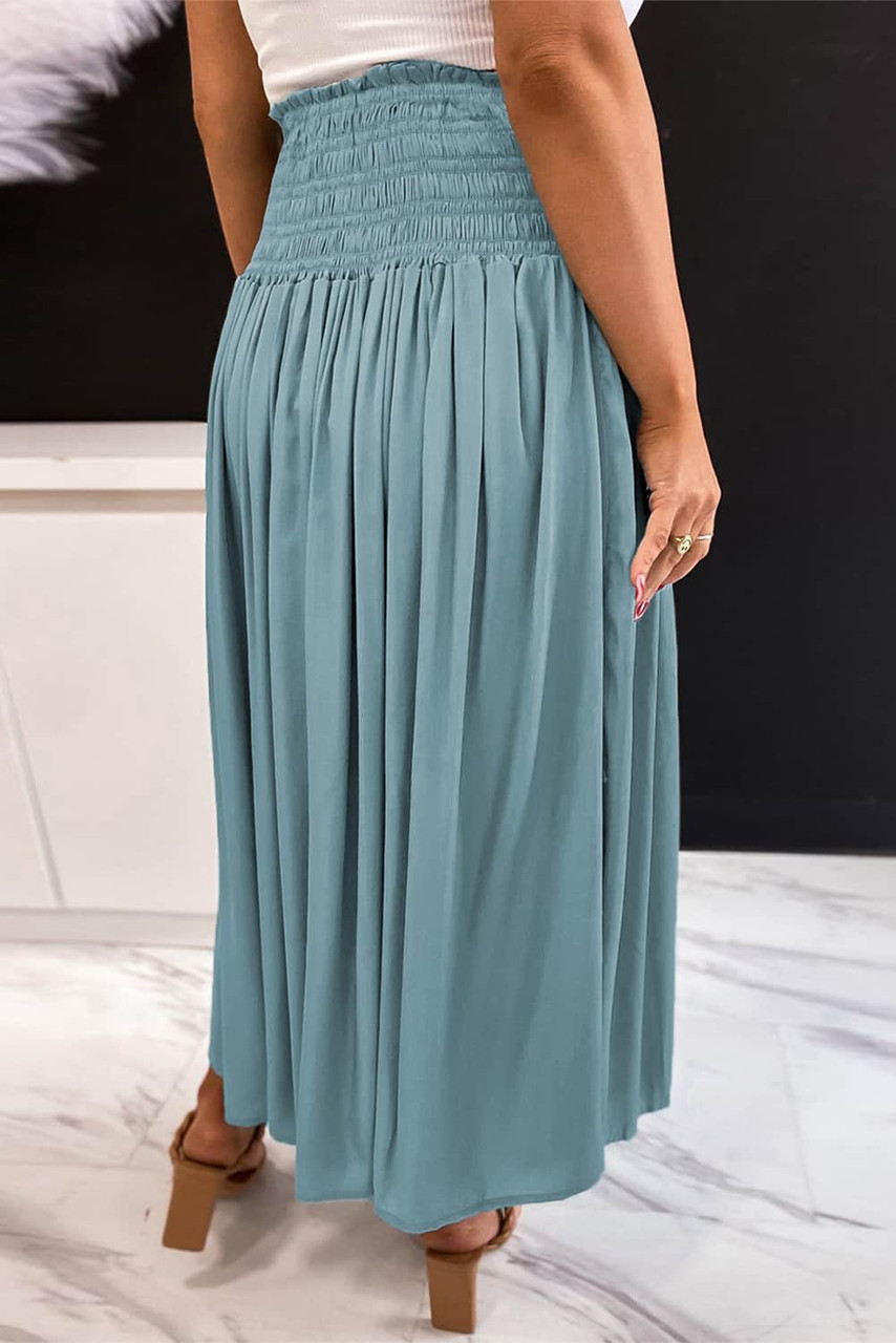 Green Drawstring Smocked High Waist A-line Skirt