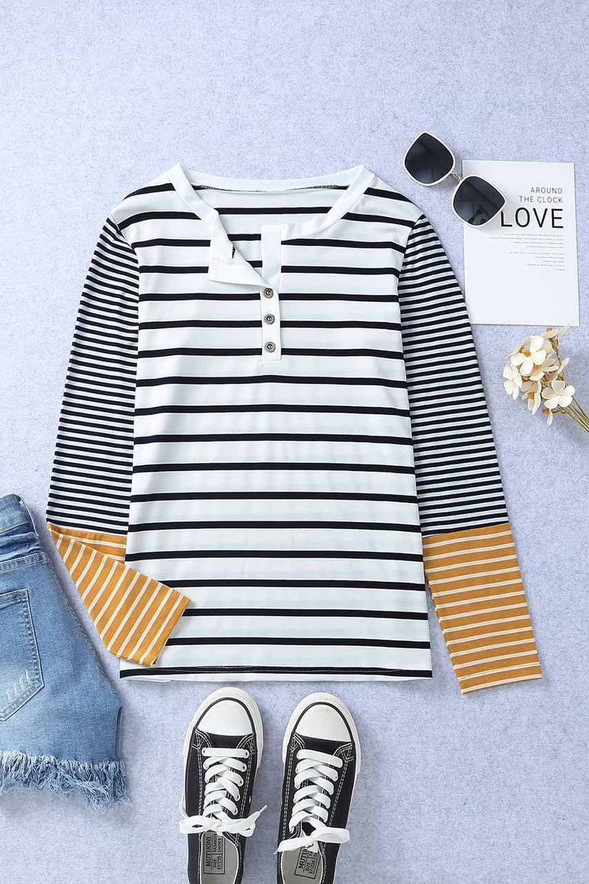 Long Sleeve Stripe Button Henley Top