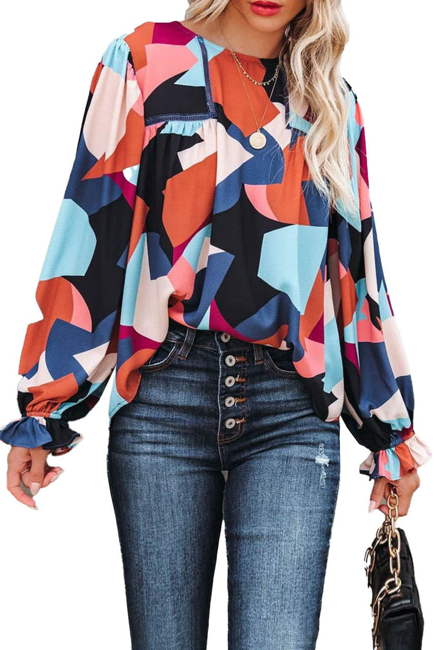 Abstract Pattern Crewneck Ruffled Puff Sleeve Blouse