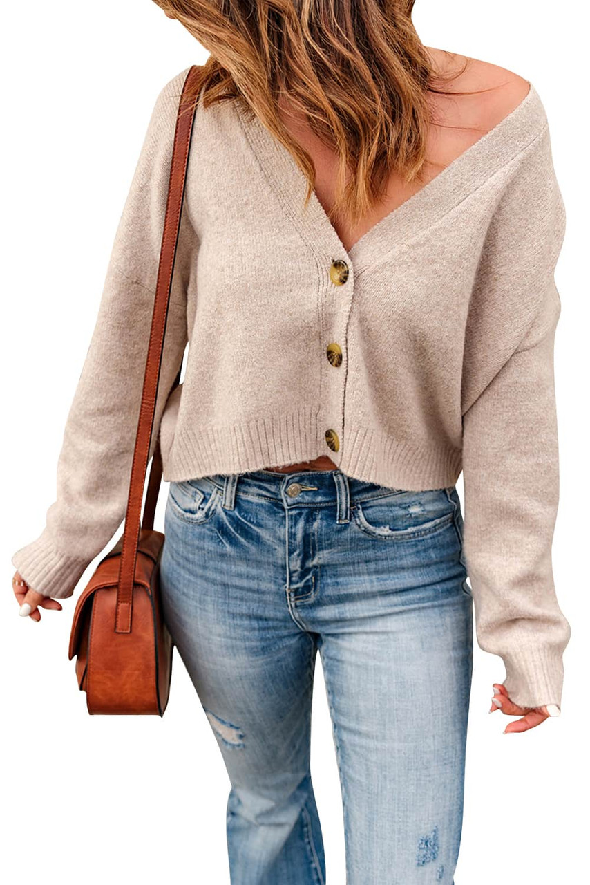 Apricot Button Up V Neck Cropped Cardigan Sweater