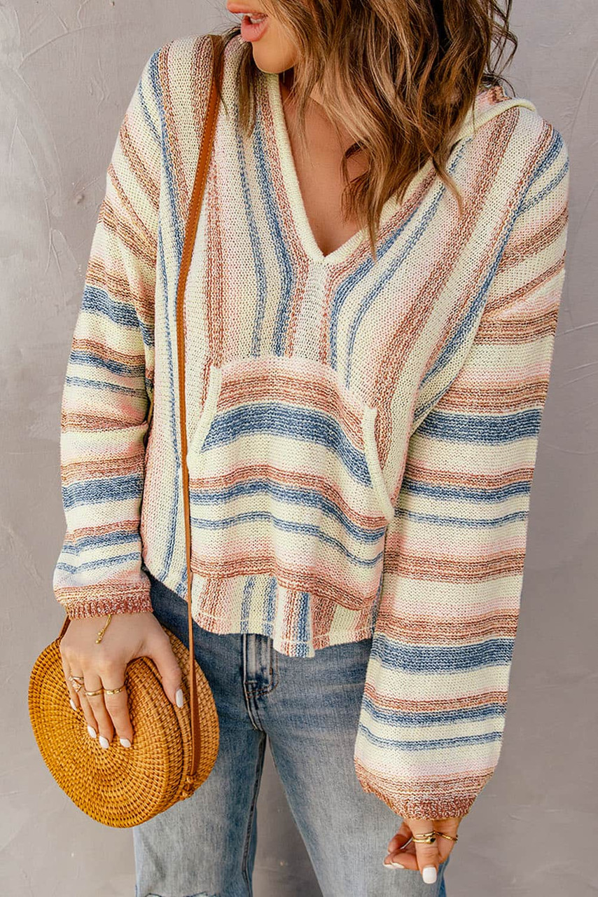 Multicolor Striped Knit Kangaroo Pocket Hooded Sweater