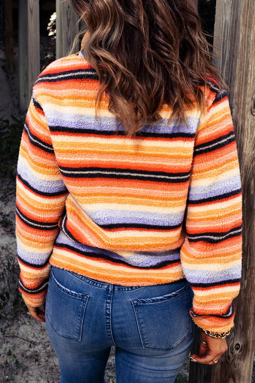Multicolor Striped Kangaroo Pocket Buttoned Sherpa Sweatshirt