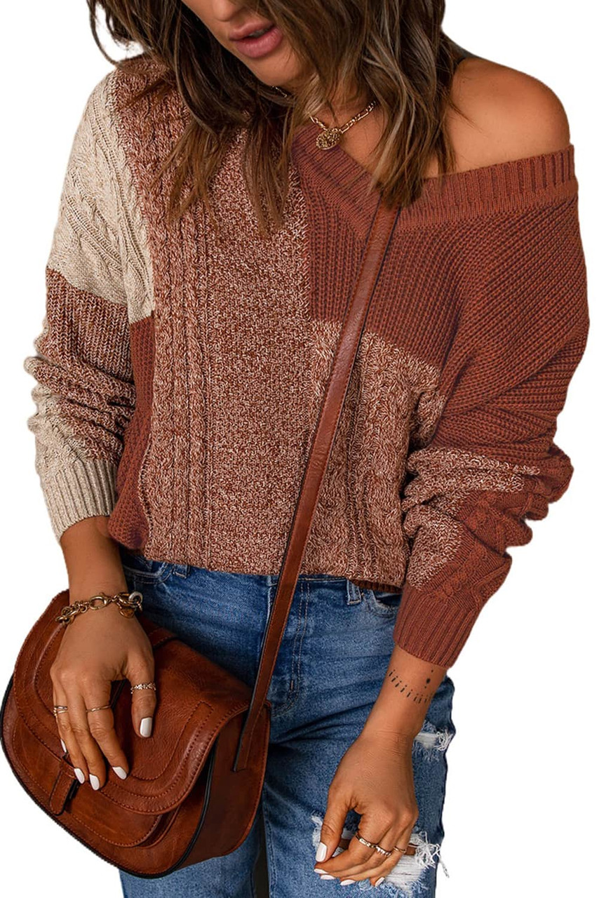 Brown Color Block Knitted Drop Shoulder V Neck Sweater