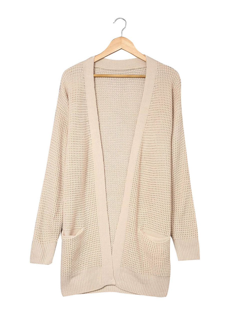 Apricot Pocketed Waffle Knit Open Front Cardigan